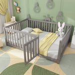 Children's bed 140 x 200, wooden floor bed frame with fence and door, grey