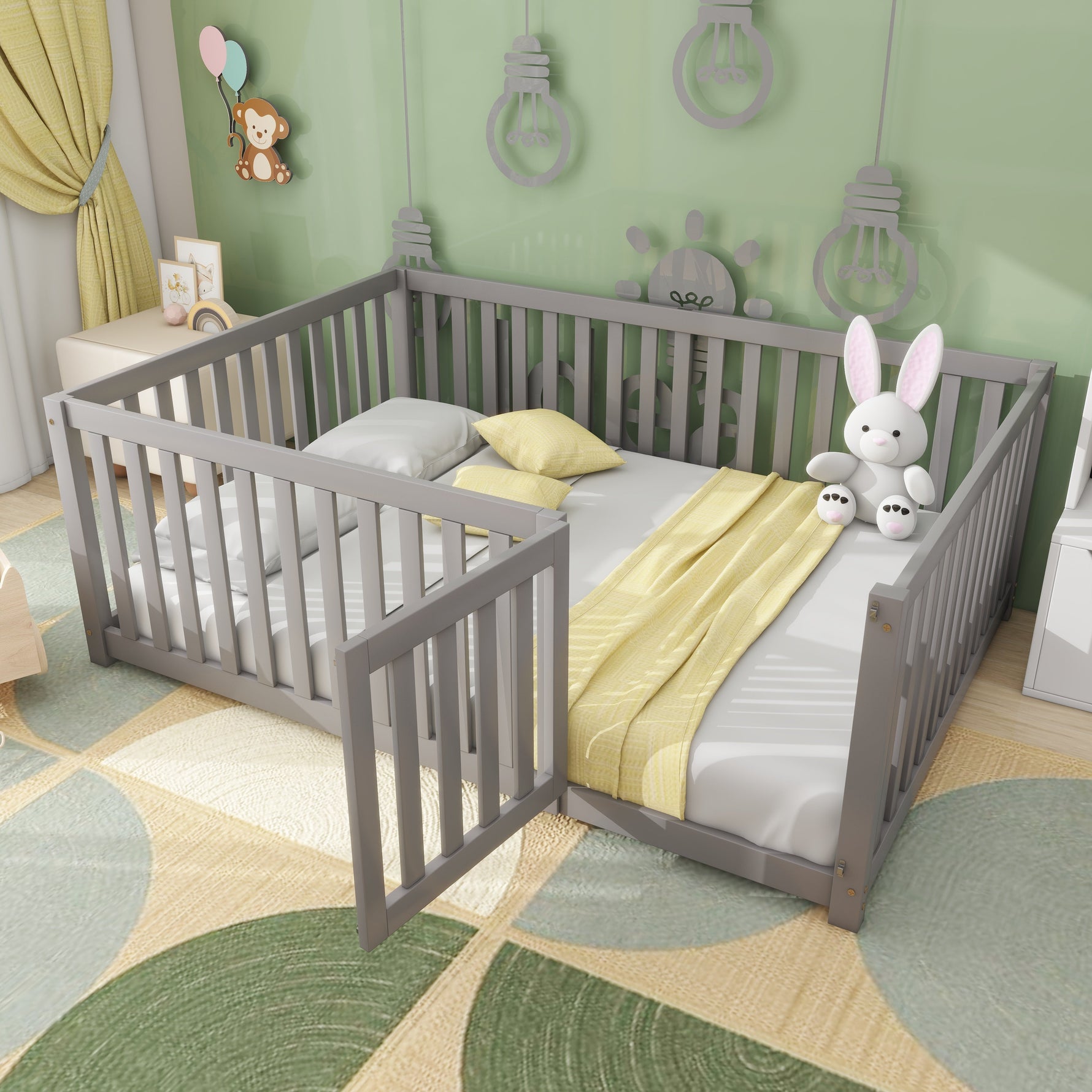 Children's bed 140 x 200, wooden floor bed frame with fence and door, grey