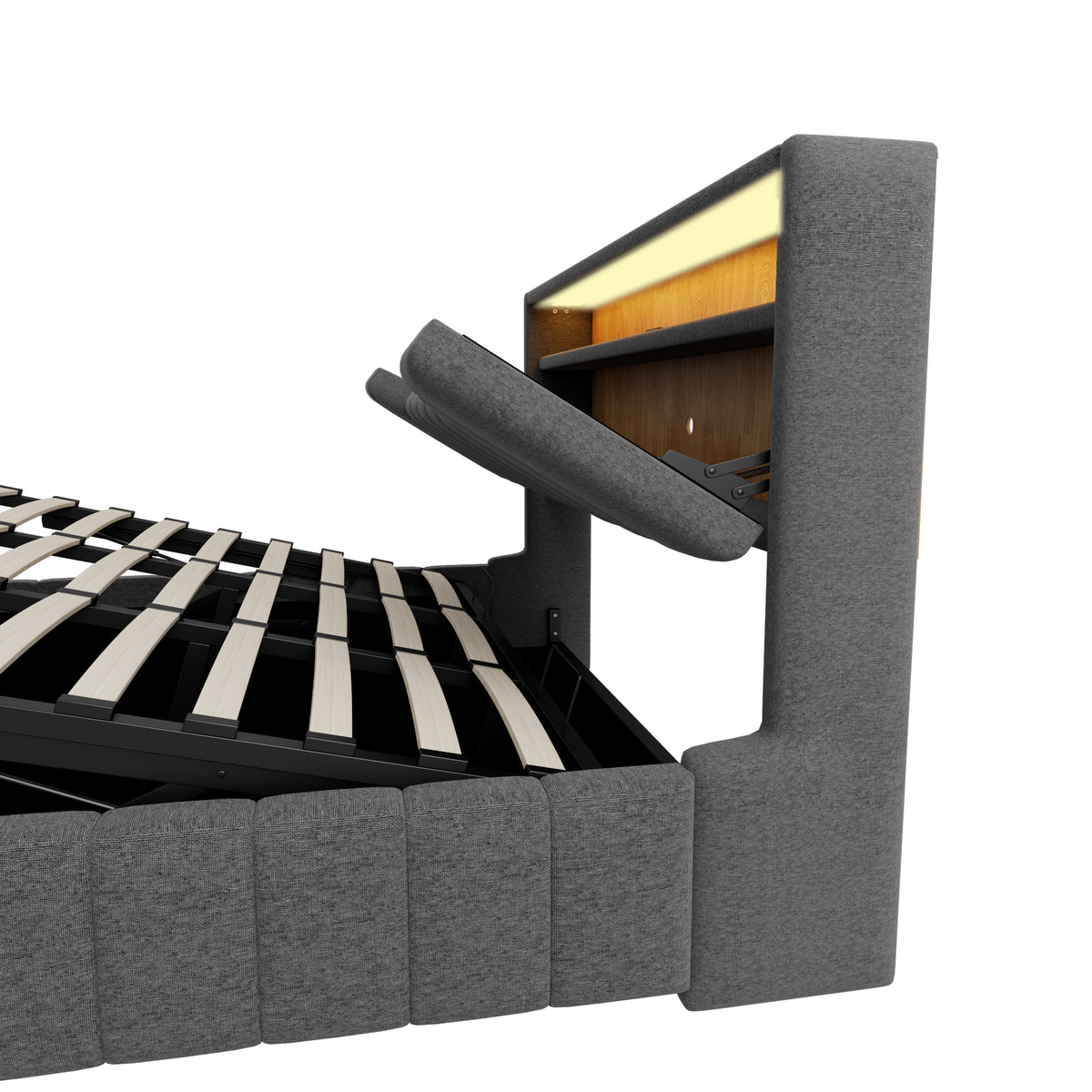 Upholstered Bed 180x200 with Storage & LED Light, Grey Linen