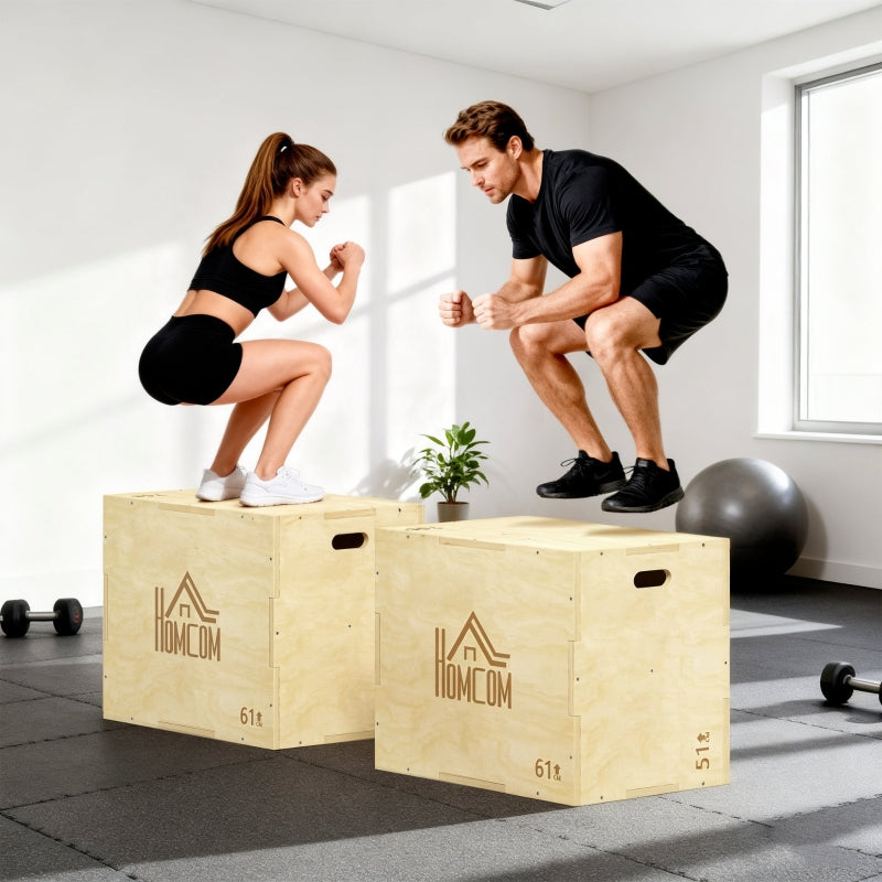 3-in-1 Wooden Plyo Box with 3 Jump Heights and Handles, 61 x 51 x 76 cm, Natural Wood