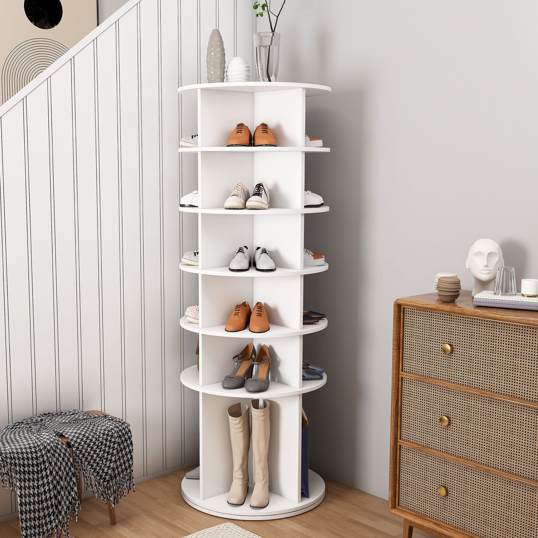 Rotating Shoe Rack 6-Tier 360° 24 Pair Capacity Boot Shelf - White