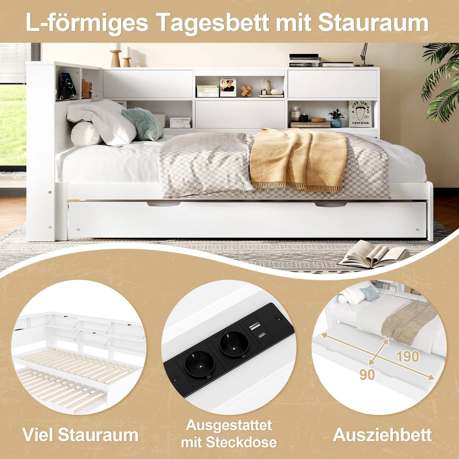 Daybed Sofa Bed with 90x200cm Storage Headboard and Extendable Bed, White