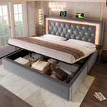 Upholstered Bed 160x200 cm with LED, USB Charging and Hydraulic Storage (with Mattress), Grey Velvet