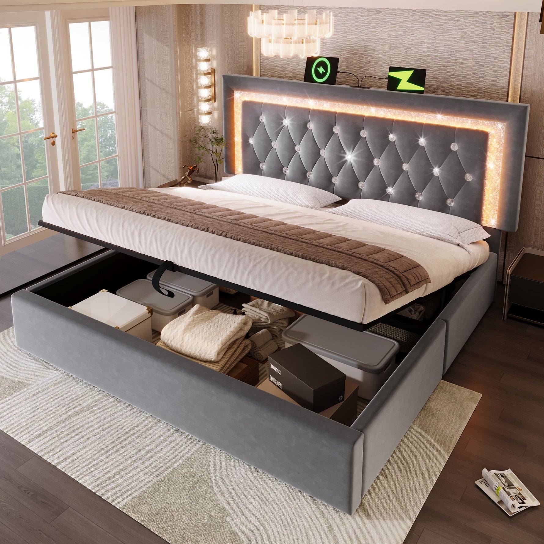 Upholstered Bed 160x200 cm with LED, USB Charging and Hydraulic Storage (with Mattress), Grey Velvet