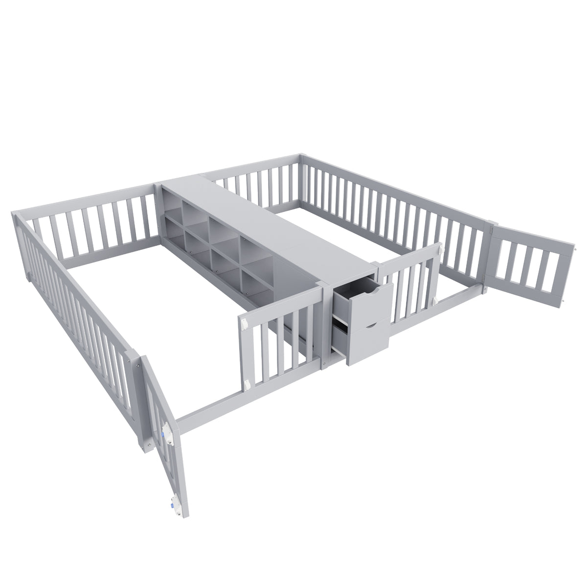 Kids Wooden Bed 90x200cm with Drawer & Safety Rail, Grey