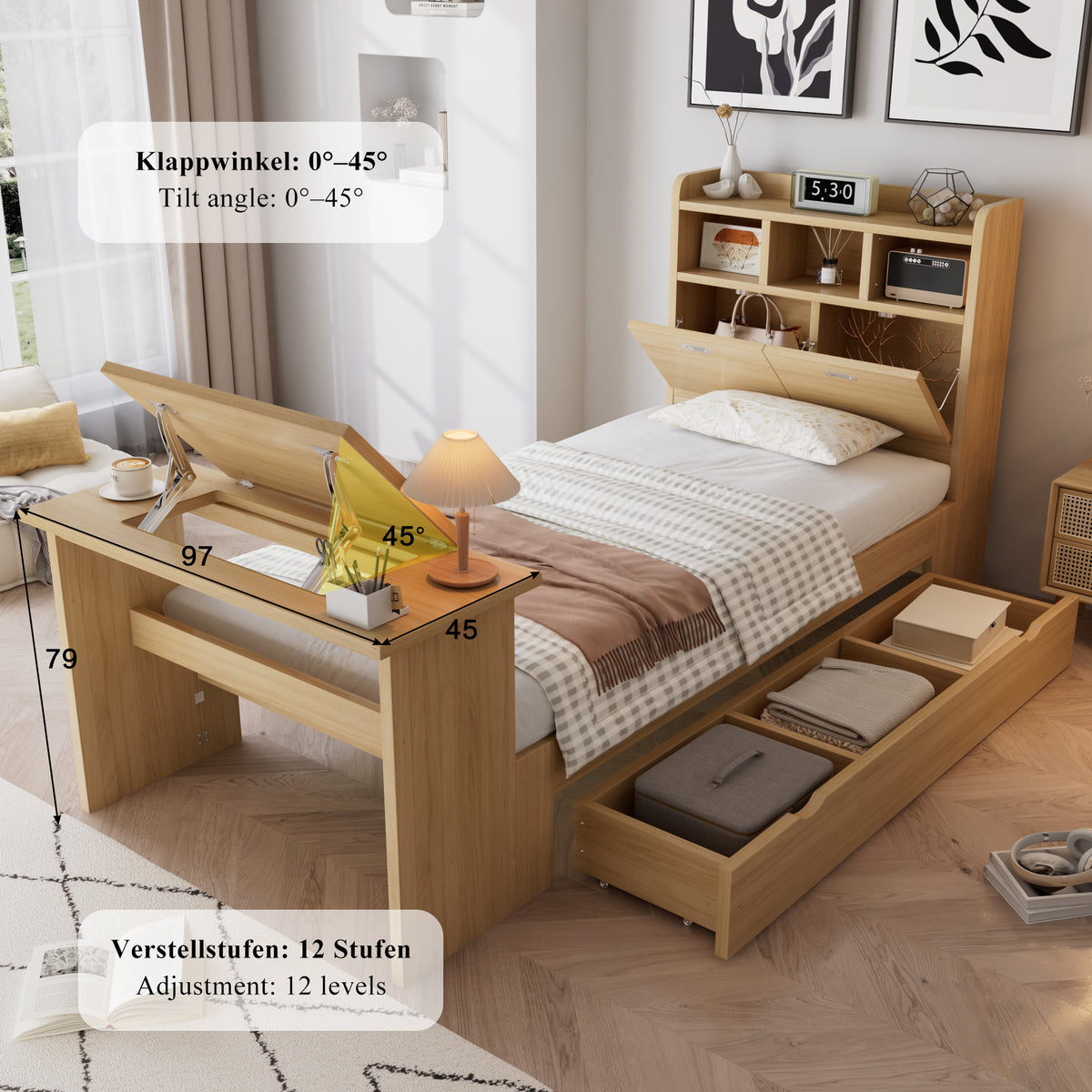 Children's Single Bed 90x200cm with Drawer & Table, Natural Wood