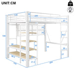 Loft Bed with Storage, LED Light and Clothes Rail, 140 x 200 cm, White Iron Frame