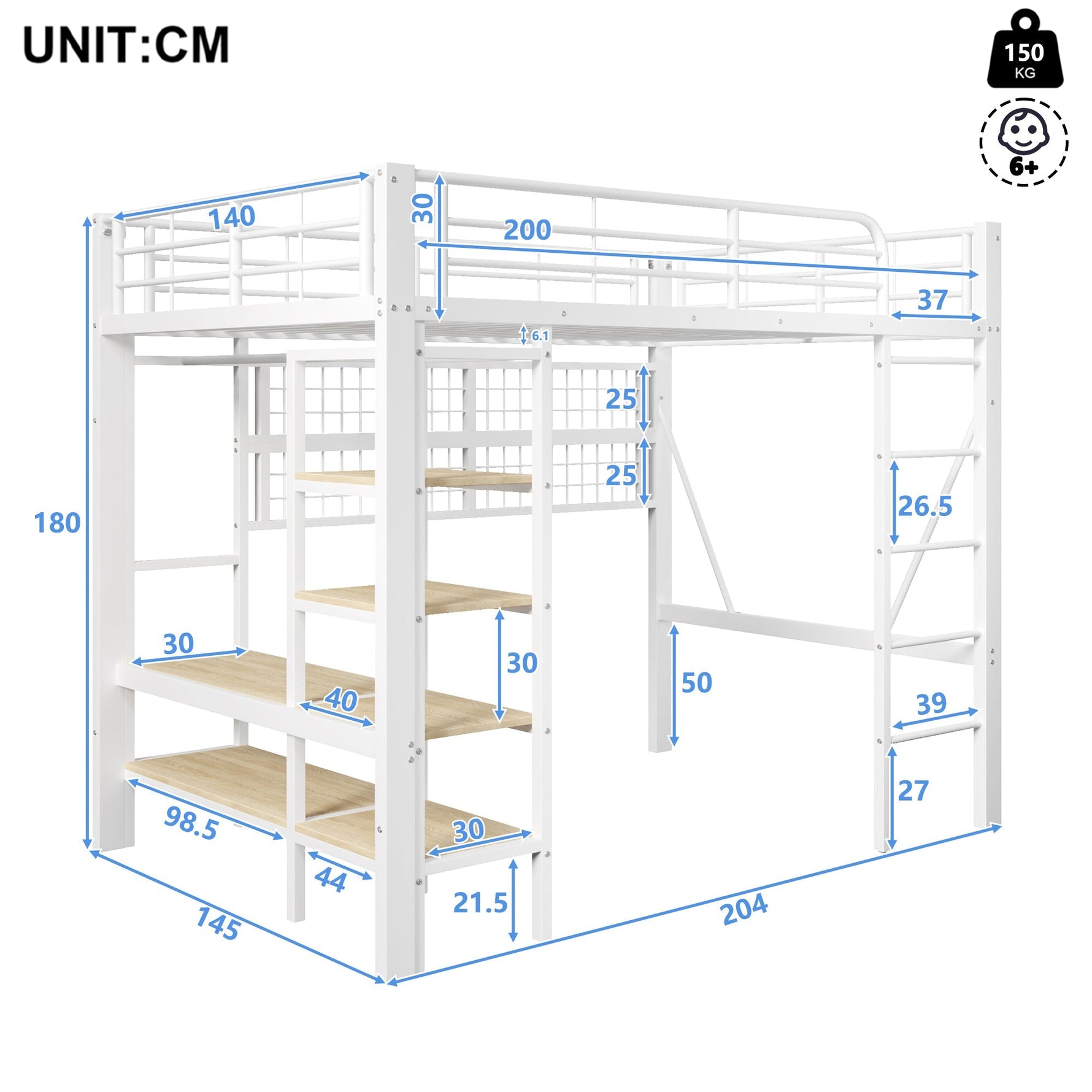 Loft Bed with Storage, LED Light and Clothes Rail, 140 x 200 cm, White Iron Frame