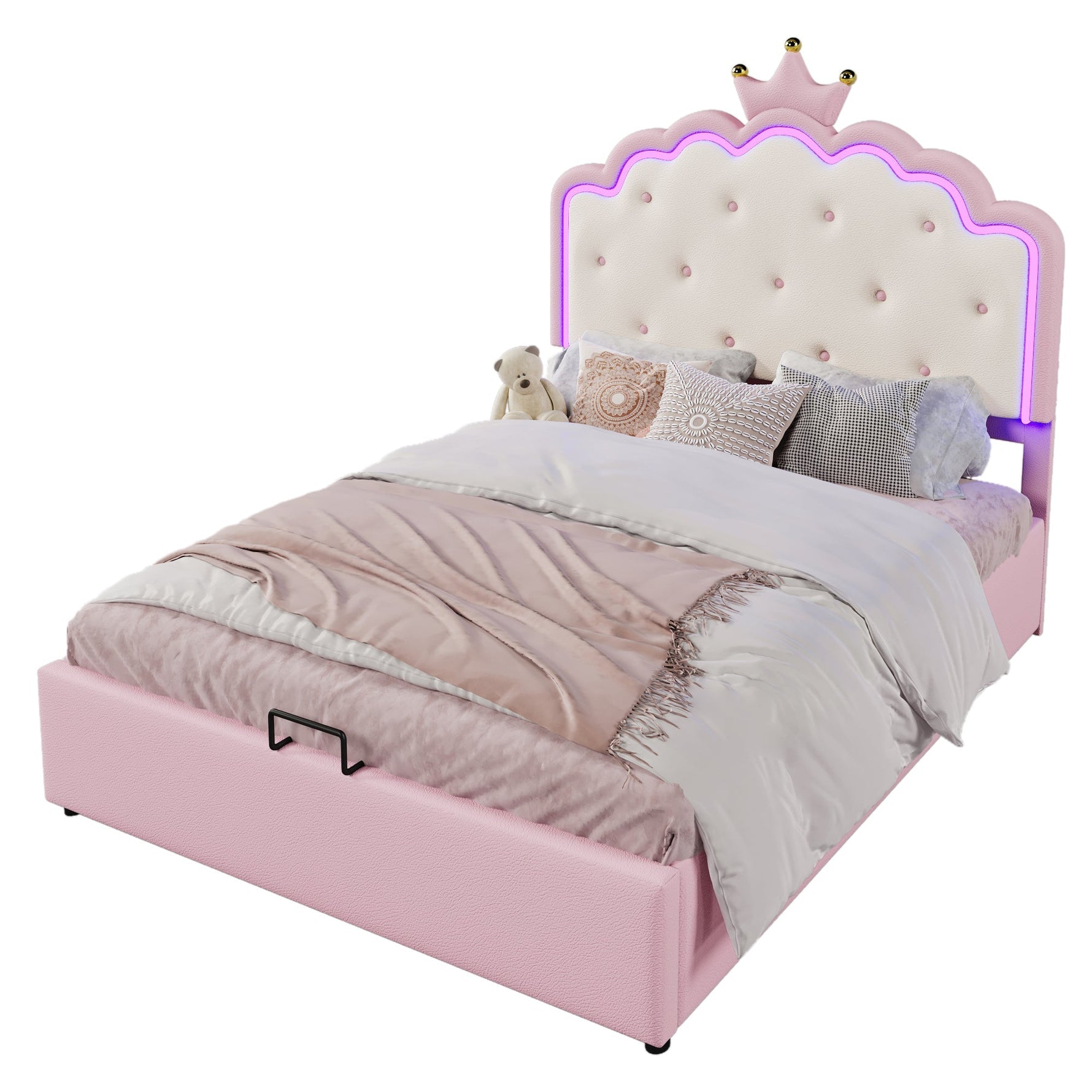 Upholstered Bed with LED Lighting and Hydraulic Storage, 140 x 200 cm, Pink PU
