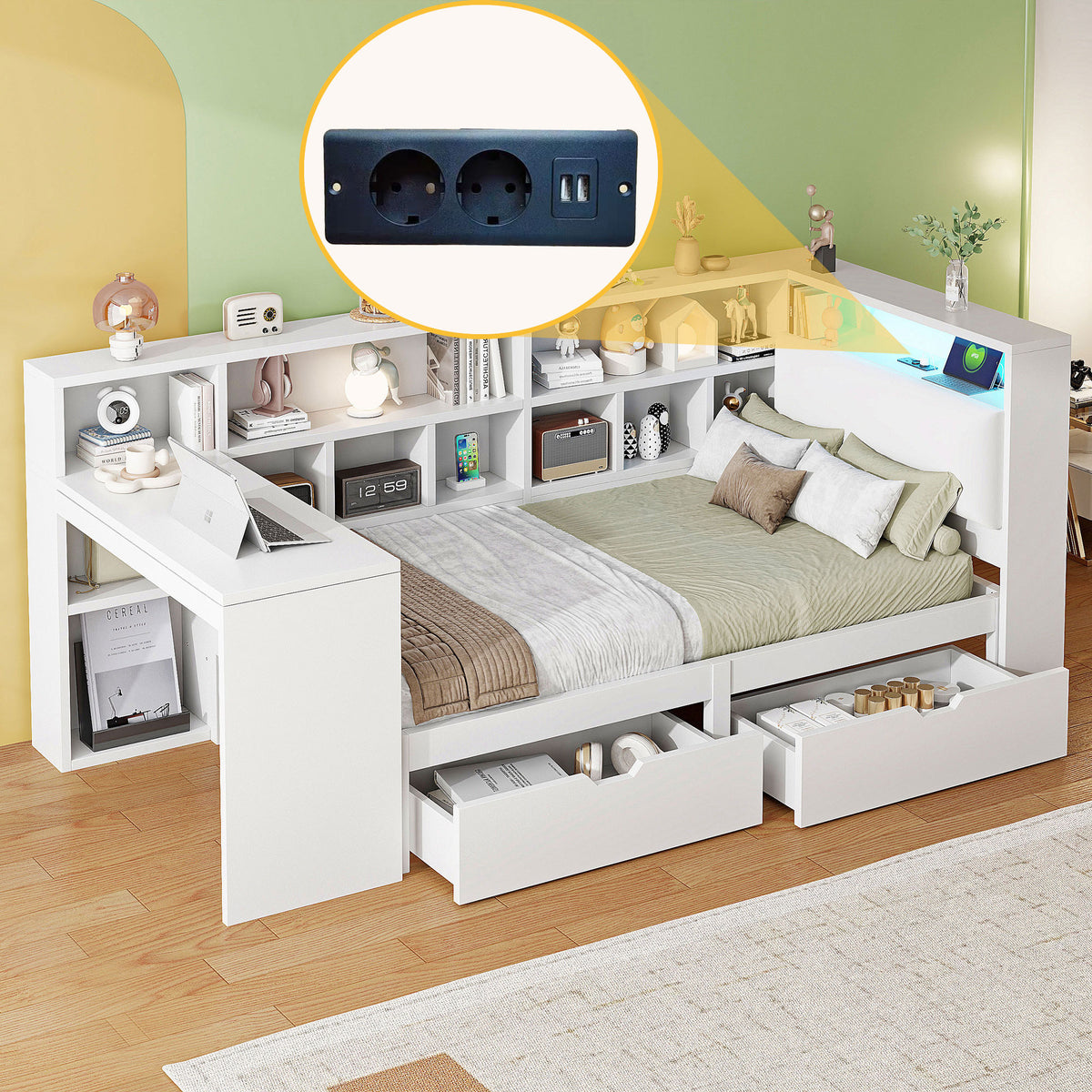 Bunk Bed with 3-Step Ladder, 90x200 & 140x200cm, Black Iron