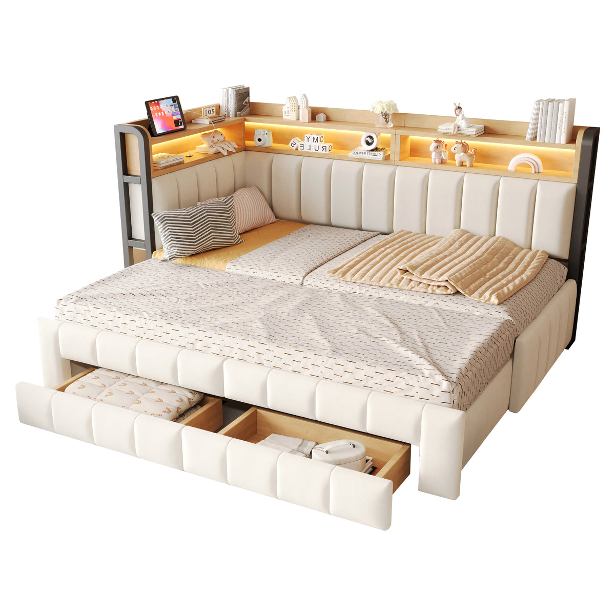 Upholstered Sofa Bed with Storage & LED Lighting, Beige Velvet