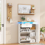 Hallway Wardrobe Set with LED Mirror, Hat Shelf and Shoe Cabinet, Natural and White