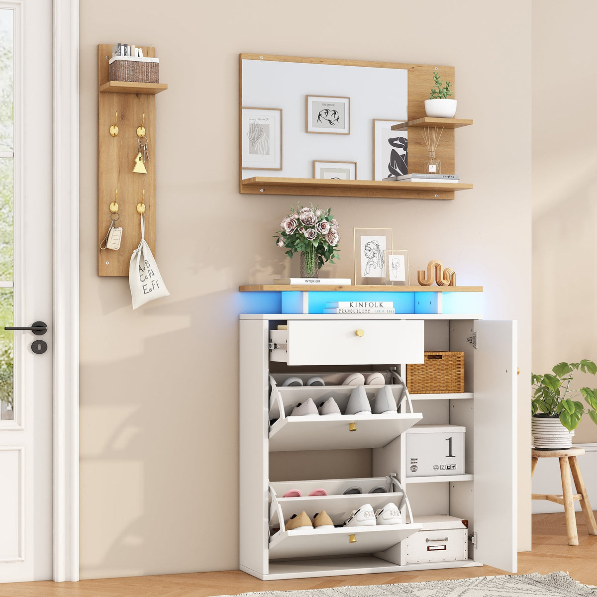 Hallway Wardrobe Set with LED Mirror, Hat Shelf and Shoe Cabinet, Natural and White