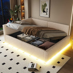 Upholstered Bed 140x200cm with LED, USB, L-Shaped Backrest and Hydraulic Frame, Beige Velvet