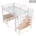 Bunk Bed with Removable Sofa, Storage and Safety Stairs, 140x200cm, White Metal