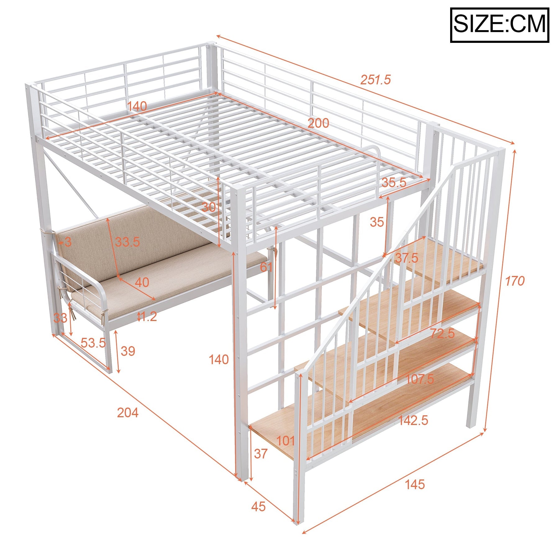 Bunk Bed with Removable Sofa, Storage and Safety Stairs, 140x200cm, White Metal