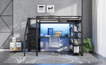 Metal Loft Bed 140x200cm with Stairs, Integrated Desk, Wardrobe, USB Charging and LED Lighting, Black