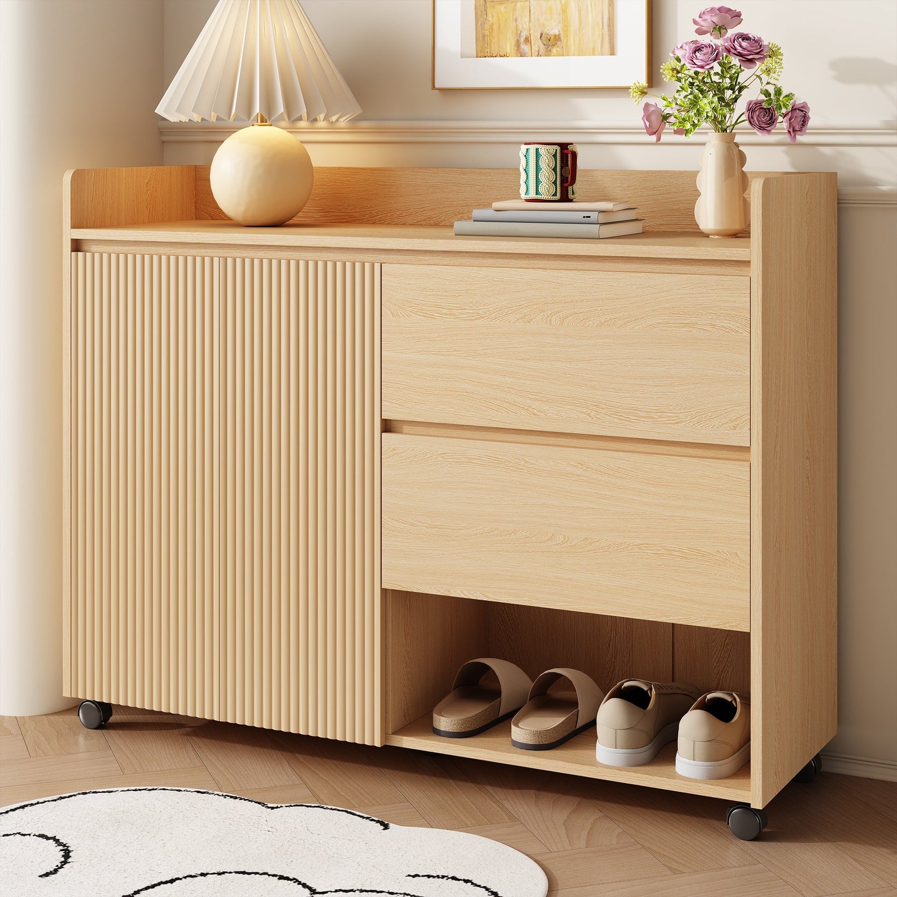 Shoe Cabinet, Movable with Adjustable Shelves, Soft-Closing Hinge, Natural MDF