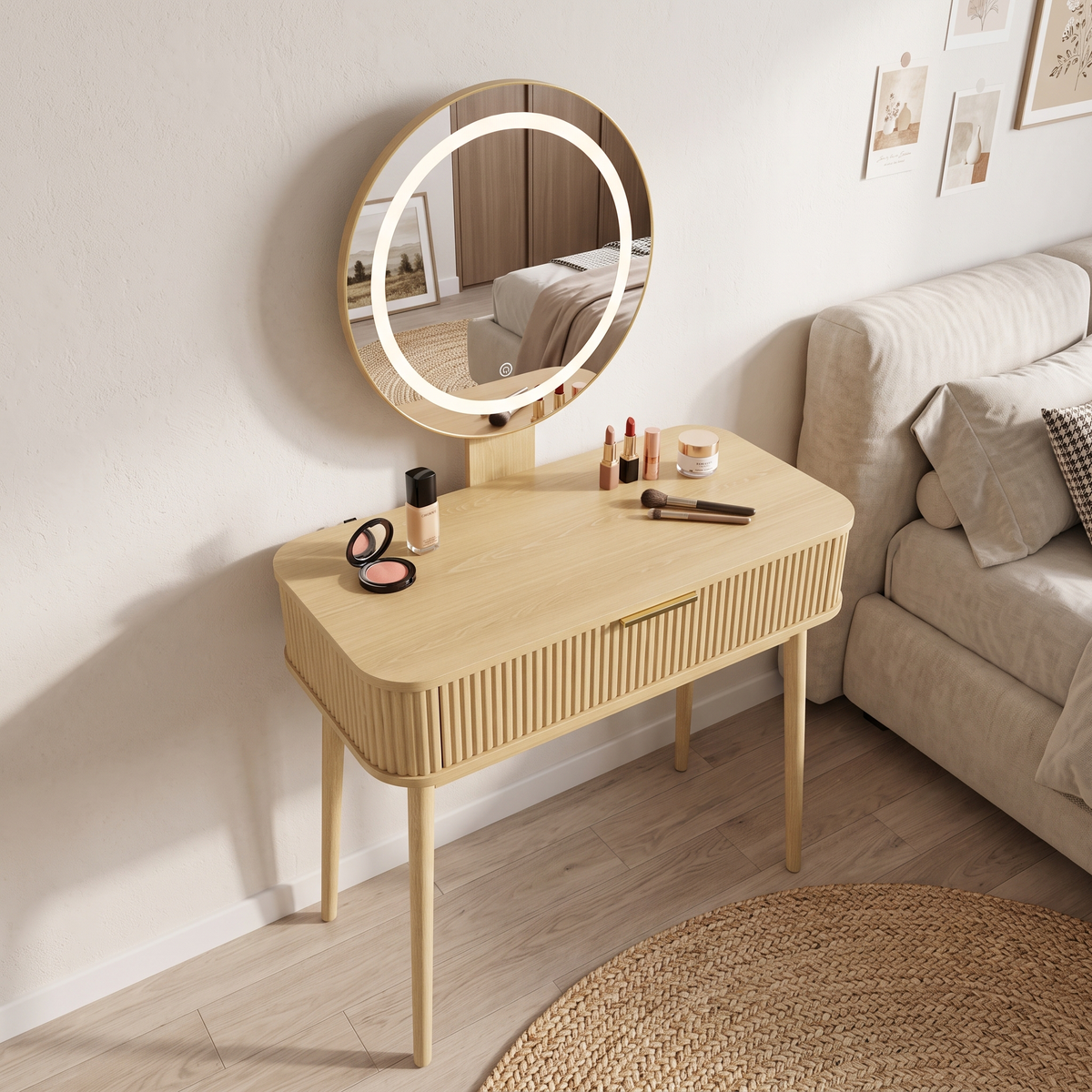 Dressing Table with LED Mirror & Drawers, 80x40x133 cm, Oak
