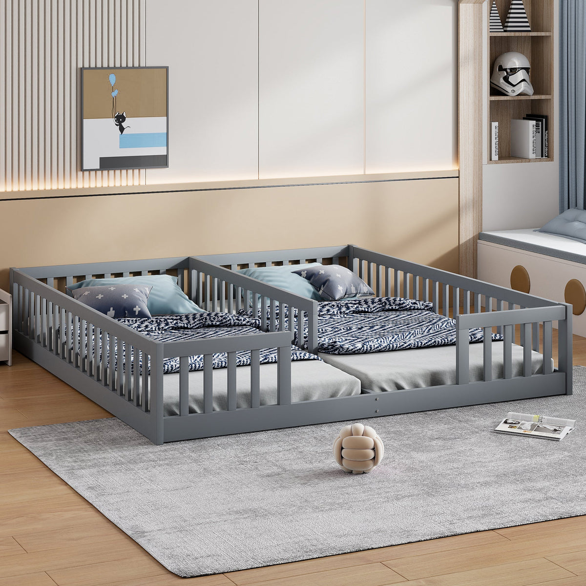 Panel Bed with Guardrails and Slatted Base, 90 x 200 cm, Grey Pine Wood