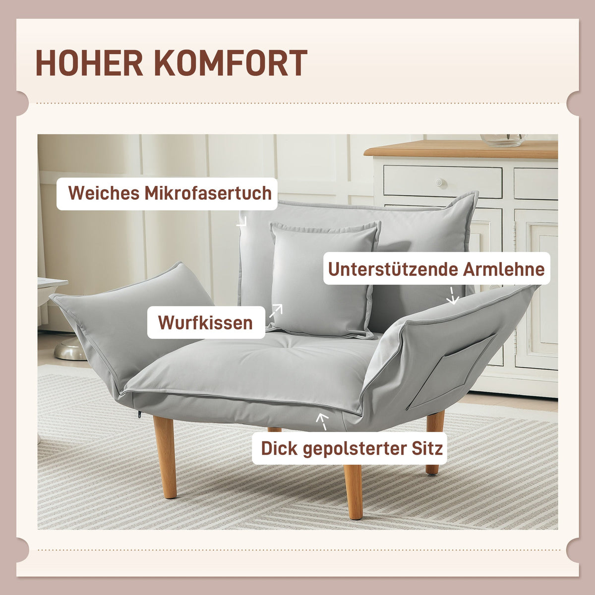 2-in-1 Armchair, Adjustable Backrest, Microfiber Cloth, Light Grey