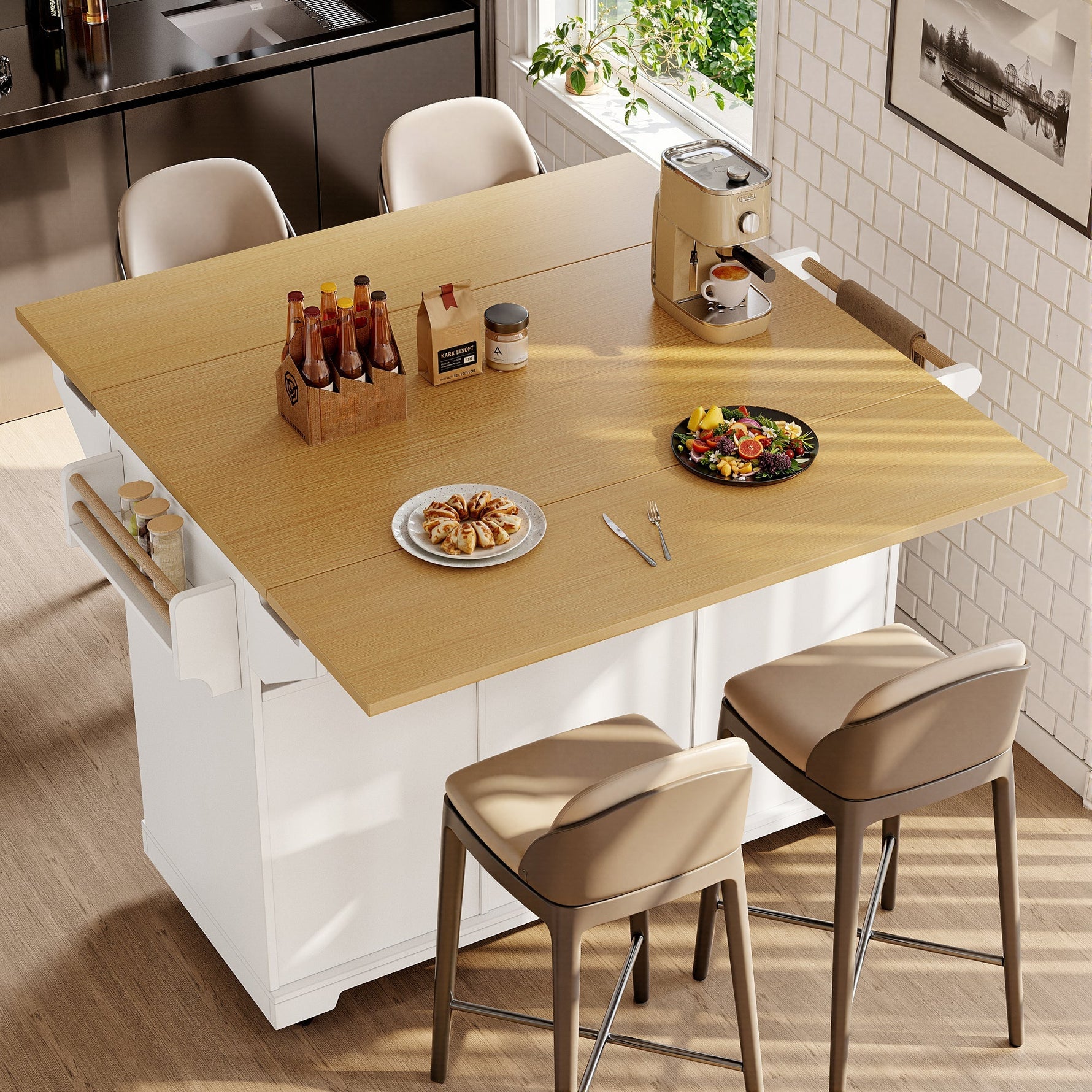 Kitchen Island Extendable Mobile 2 Doors 3 Drawers Spice Rack - Black/White