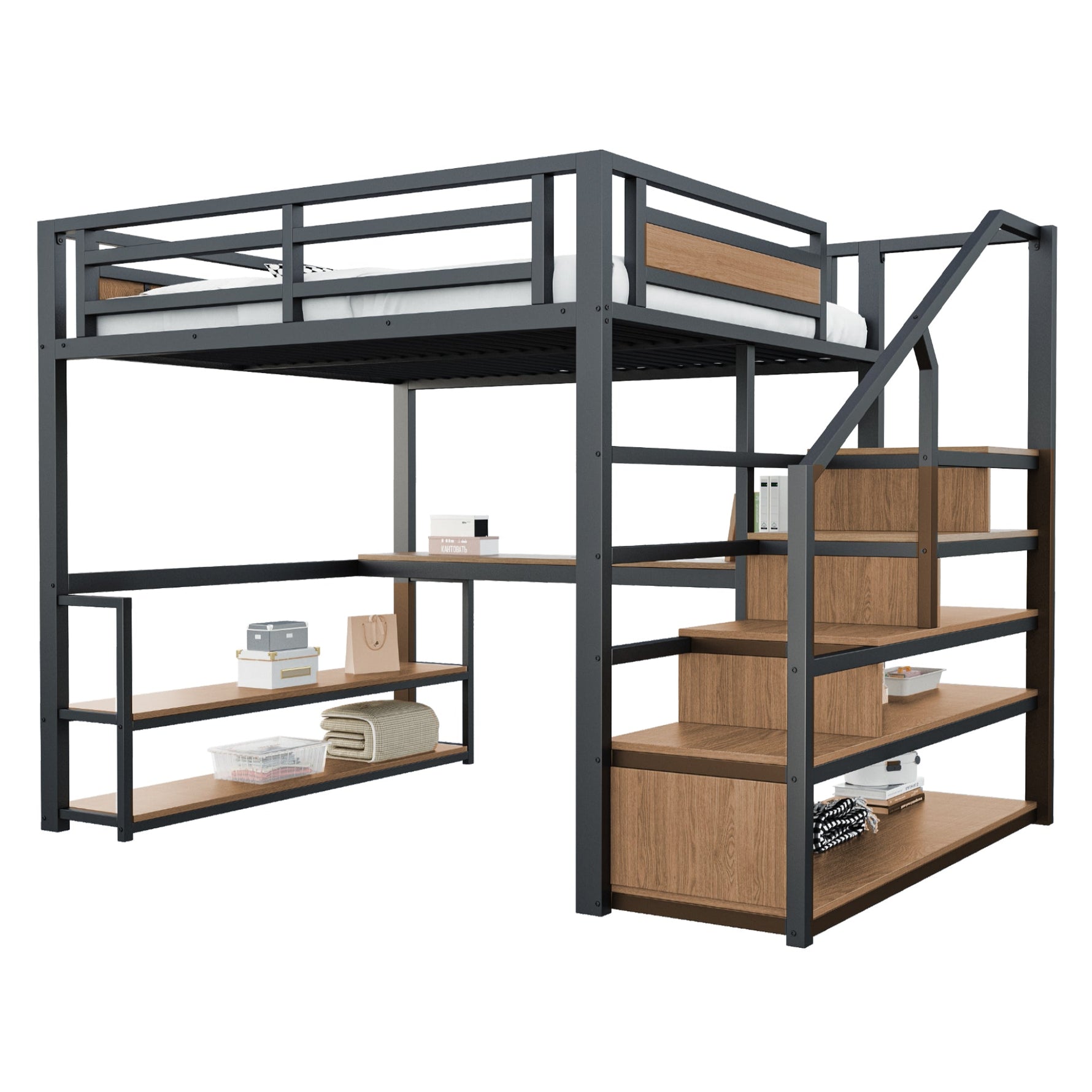 Metal Loft Bed 140x200cm, Storage Ladder, Shelves, Table, Safety Fence, Black