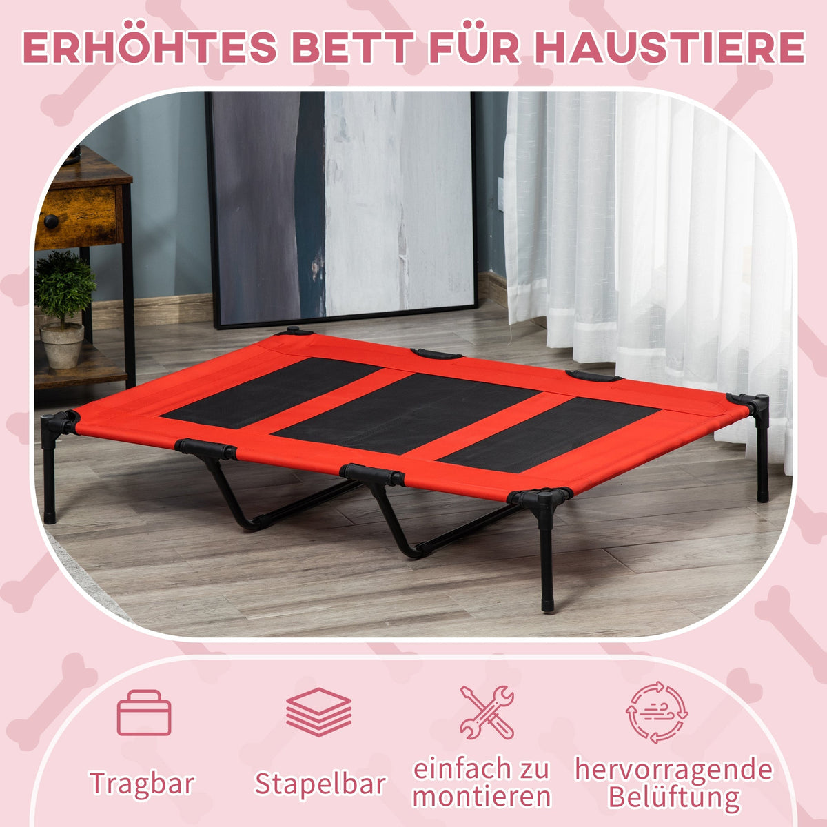 Dog Bed Elevated, Large Dogs, Metal Oxford Red
