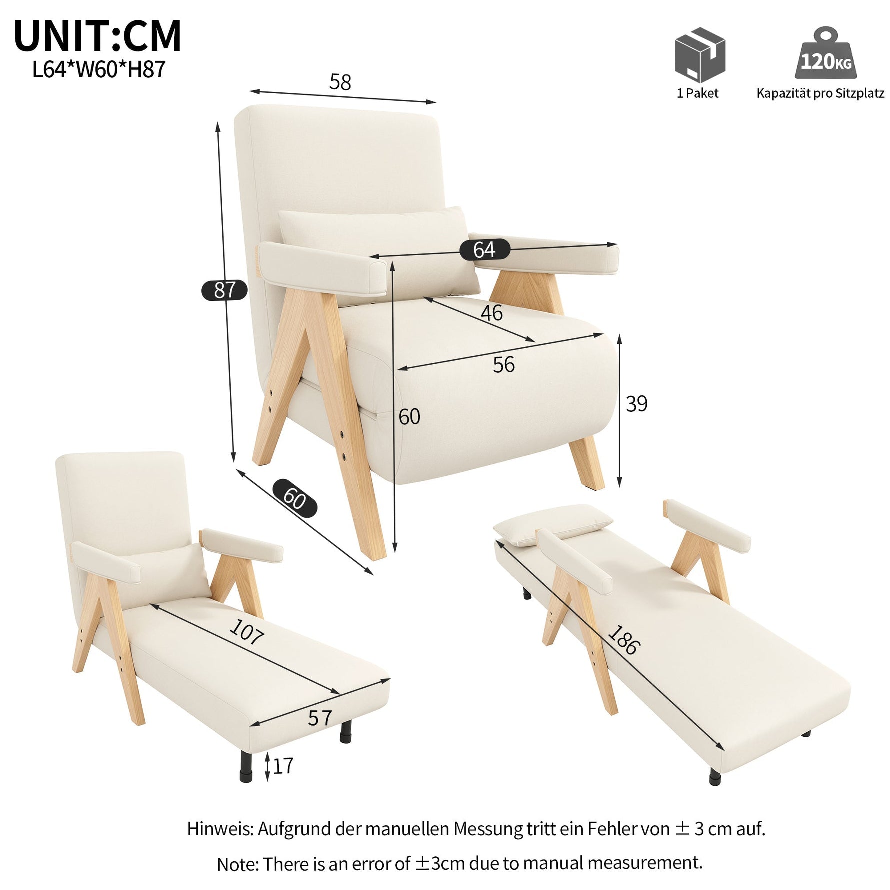 3-in-1 Convertible Armchair Sofa Bed, Upholstered Folding Seat, Modern Design