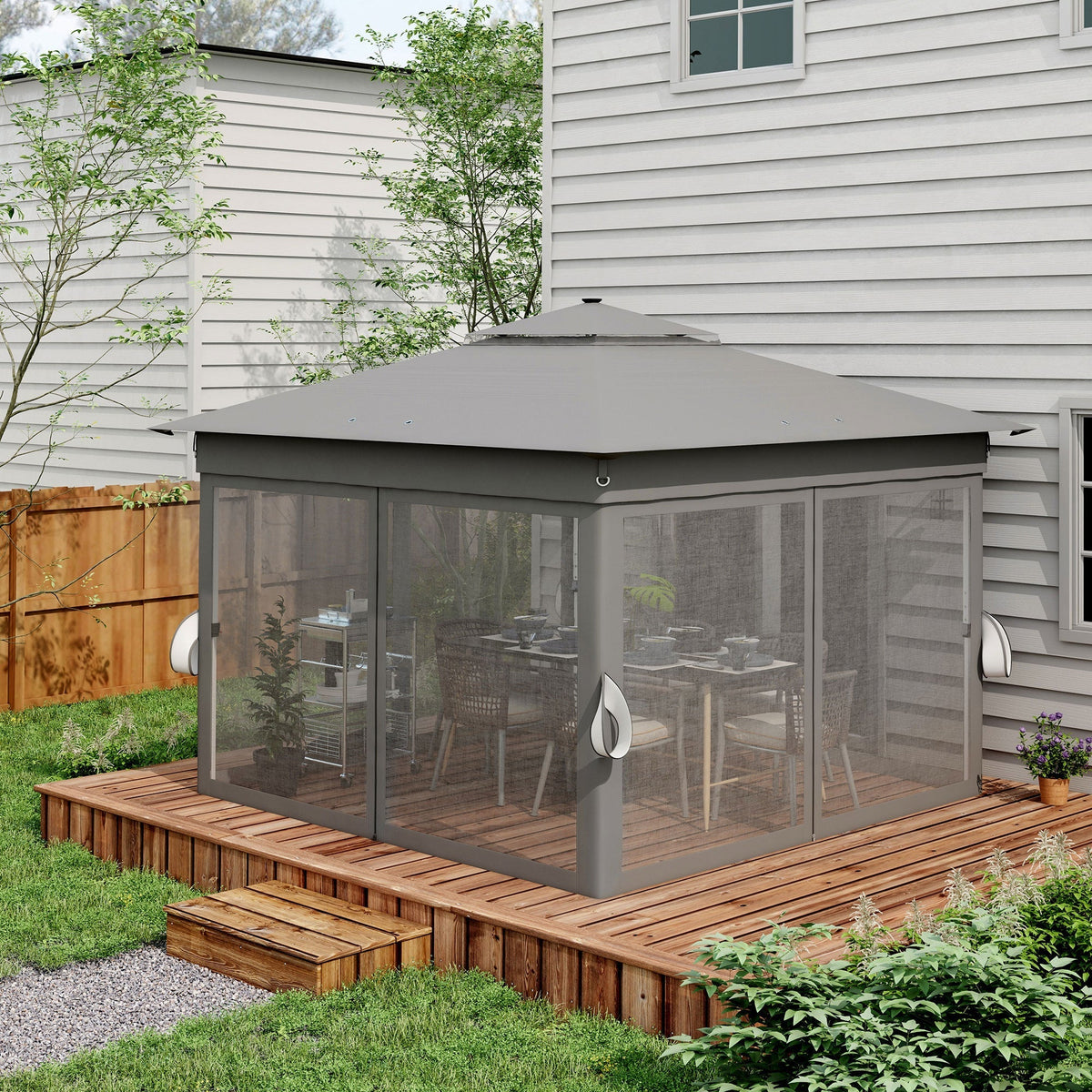 Folding Pavilion 3x3m LED Lighting Double Roof Net Curtains Dark Grey