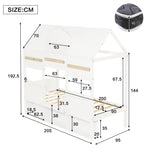 Loft Bed with House-Shaped Design, Bookshelf and Slatted Base, 90x200cm, White Pine + MDF