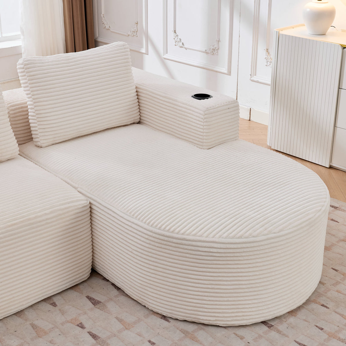 Double Sofa with 3 Pillows and 2 Cup Holders, 265cm Wide Fully Compressed, Feather and Plastic