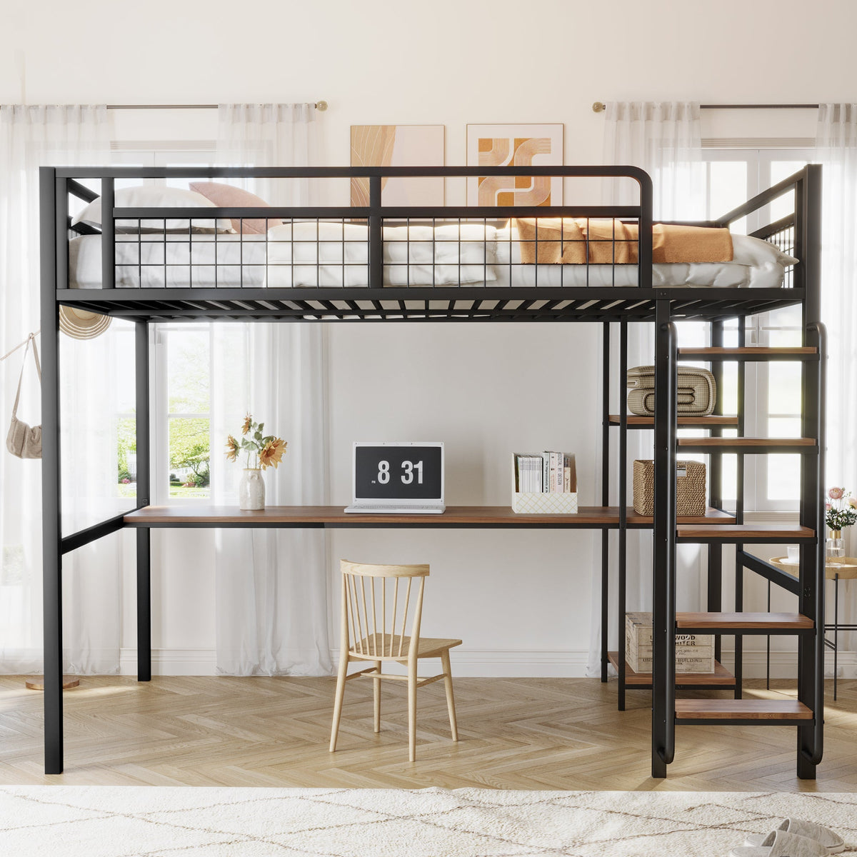 Metal Loft Bed, 140x200 cm with Ladder, Desk & Shelf, Black
