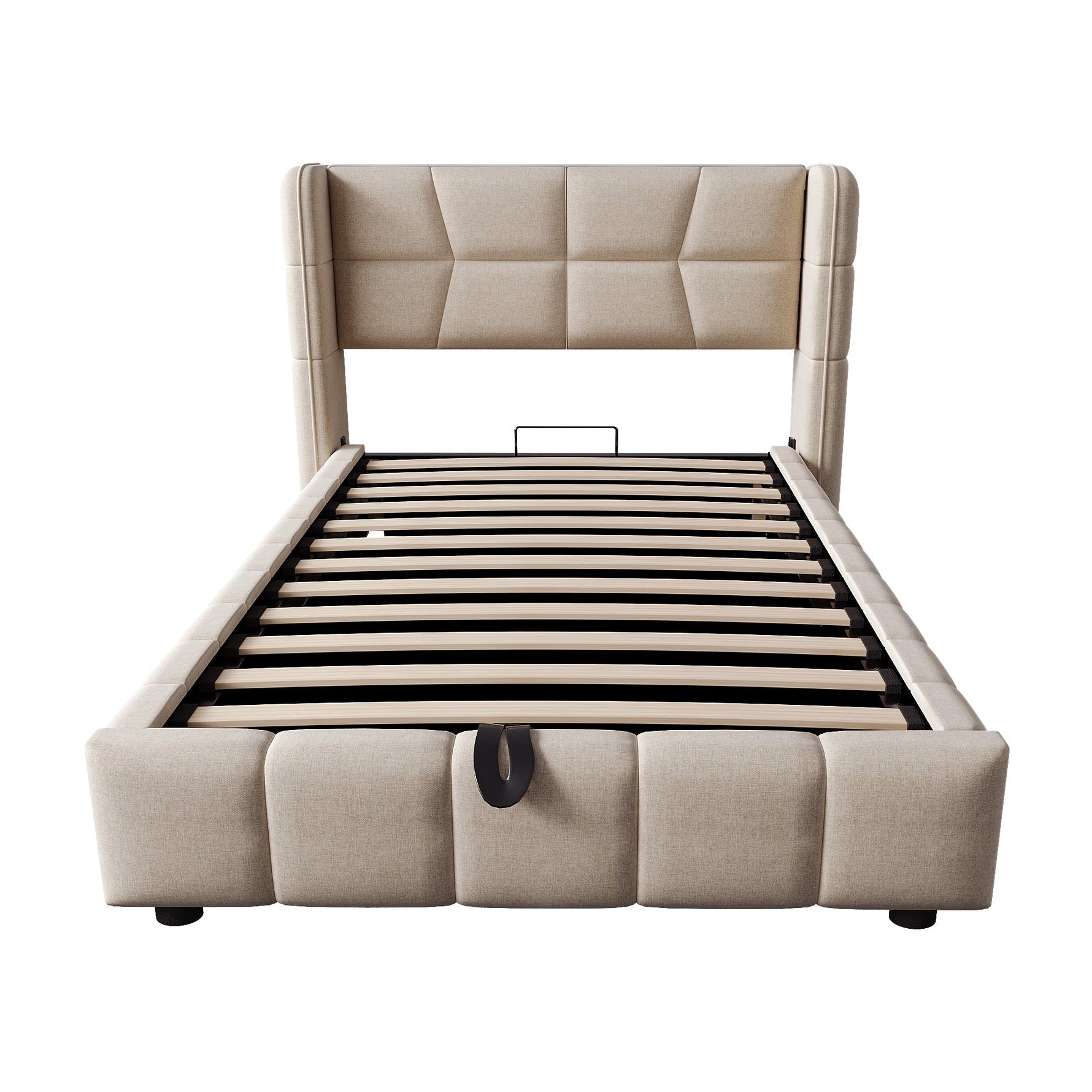 Upholstered Bed with Pneumatic Storage System and Headboard, 90 x 200 cm, Beige Linen