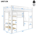 Loft Bed with Storage Compartment, LED Light Strip and Clothes Rail, White Iron Frame