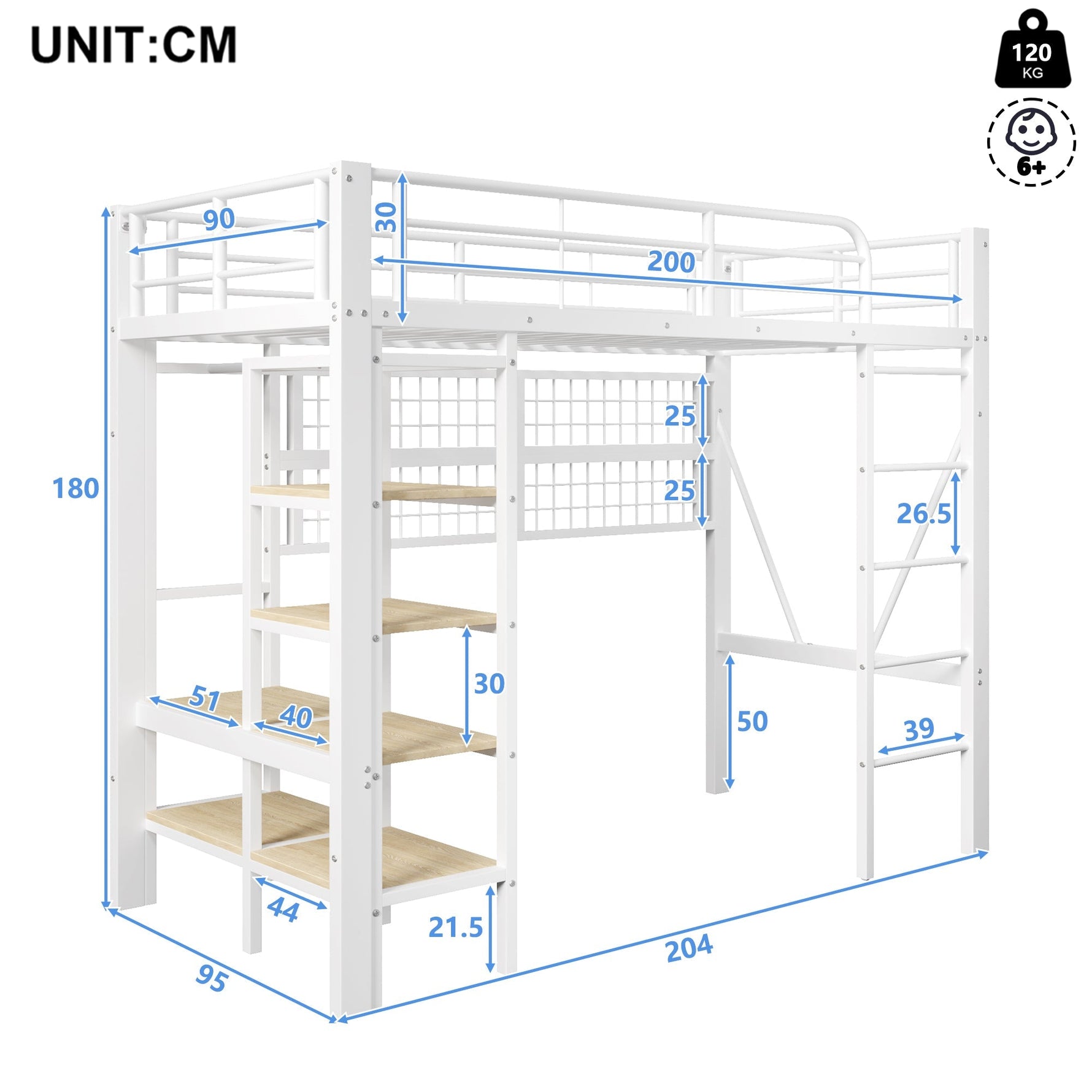 Loft Bed with Storage Compartment, LED Light Strip and Clothes Rail, White Iron Frame