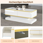 Coffee Table 100x50x38cm High Gloss with 2 Drawers, Warm White and Gold Edge