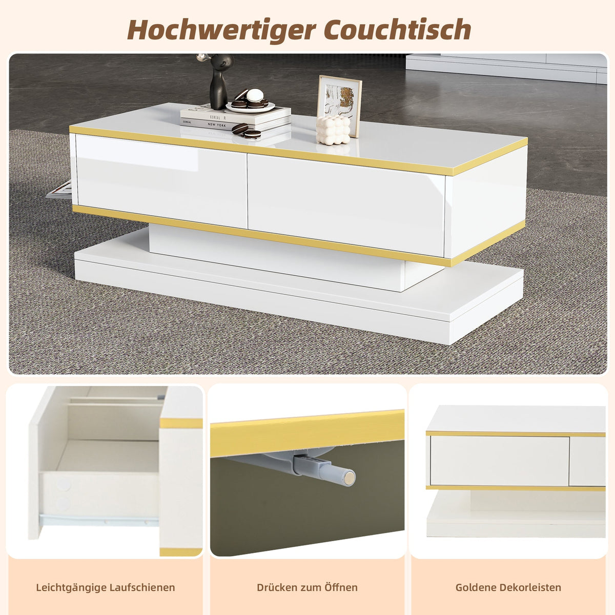 Coffee Table 100x50x38cm High Gloss with 2 Drawers, Warm White and Gold Edge