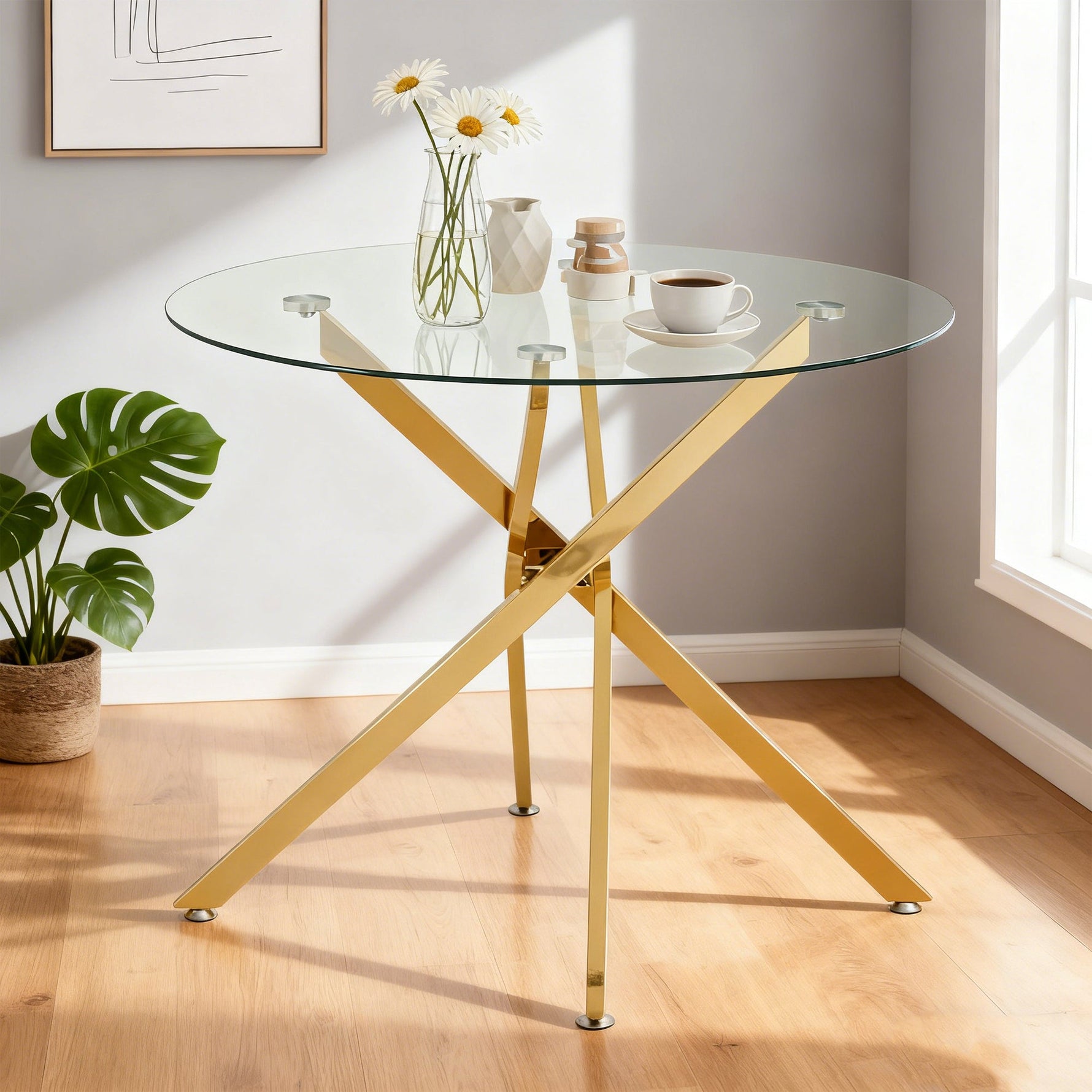 Dining Table Round Tempered Glass Top Gold Legs 80x80x76cm