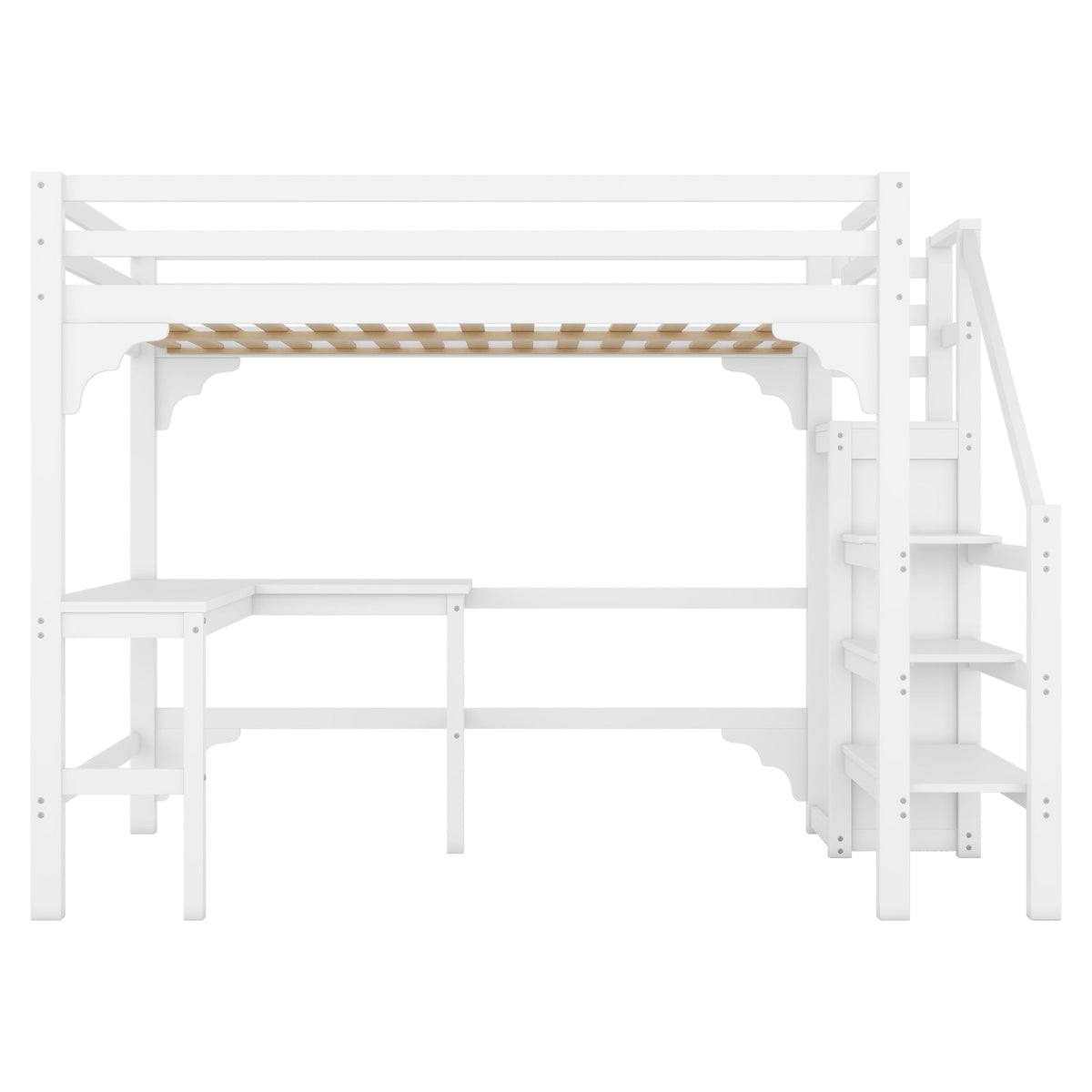 Loft Bed 140x200cm L-Shaped Desk Open Wardrobe Pine Wood White