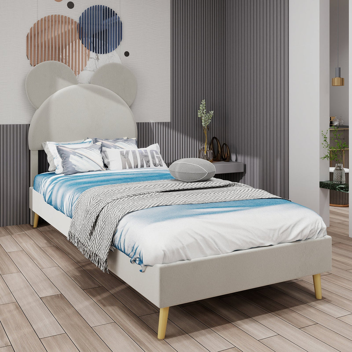 Upholstered Bed, Modern Minimalist Cartoon-Themed Headboard, 90x200 cm, Beige
