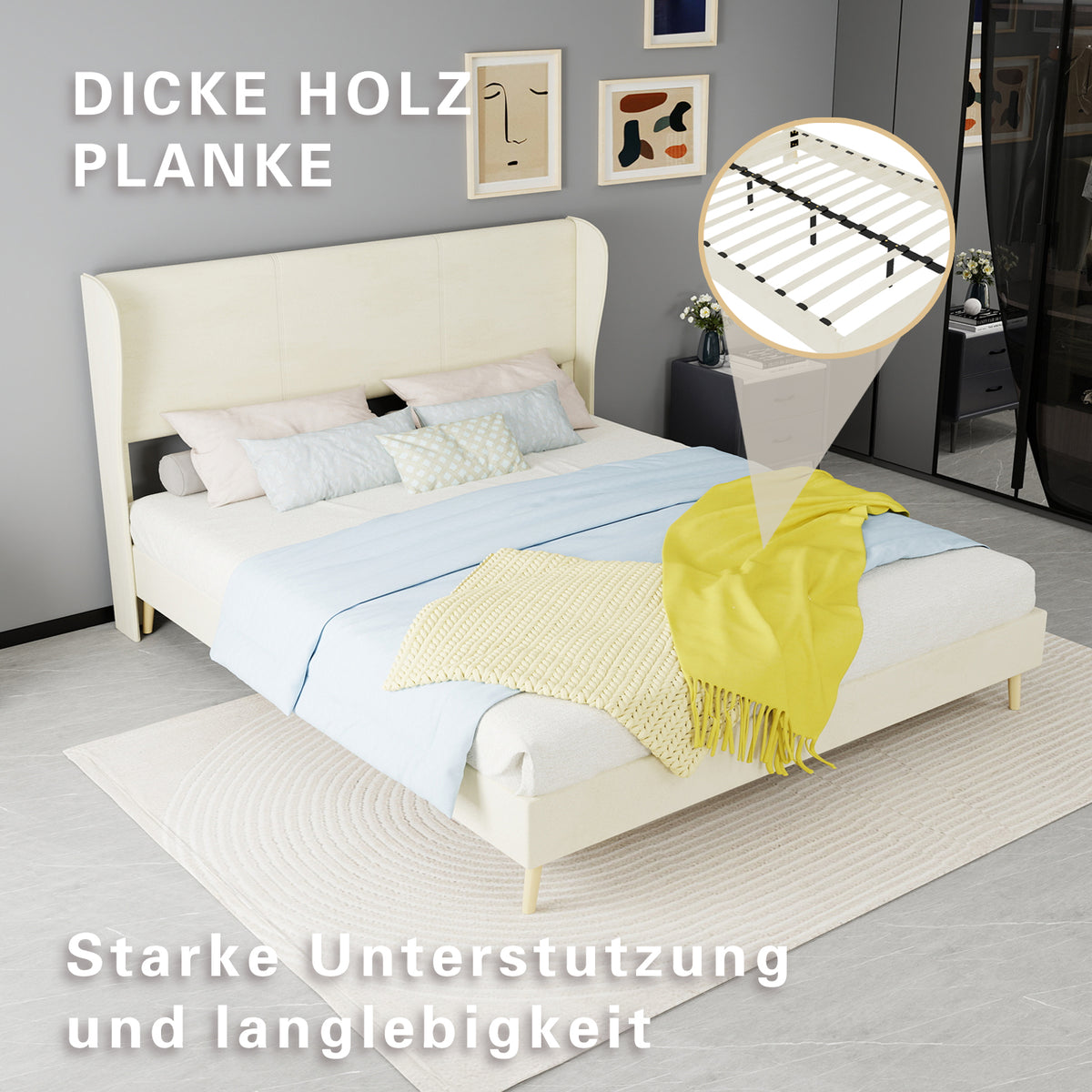 Upholstered Bed with Soft Headboard & Mattress, 160x200cm, Beige