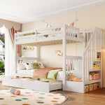 Bunk Bed with Stair Shelf and Two Storage Drawers, 90x200cm, White Pine Wood and MDF