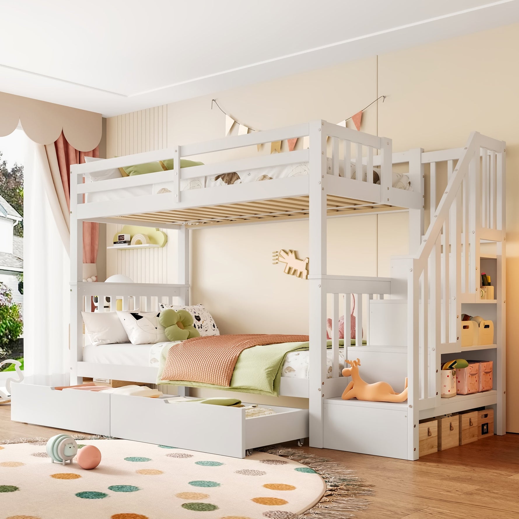 Bunk Bed with Stair Shelf and Two Storage Drawers, 90x200cm, White Pine Wood and MDF