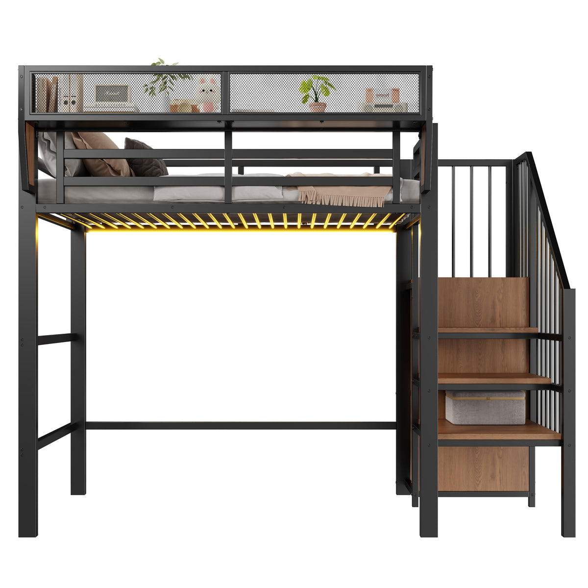 Loft Bed 90x200 with LED Light & Storage Ladder, Black Metal