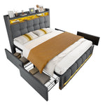 Upholstered Bed 140x200cm, LED & USB, 4-Drawer Storage, Linen Gray