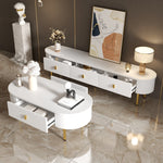 Lowboard TV Cabinet, Drawers with Golden Handles & Legs, Curved Corners