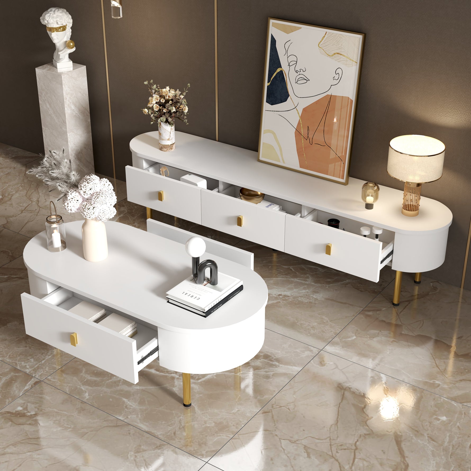 Lowboard TV Cabinet, Drawers with Golden Handles & Legs, Curved Corners