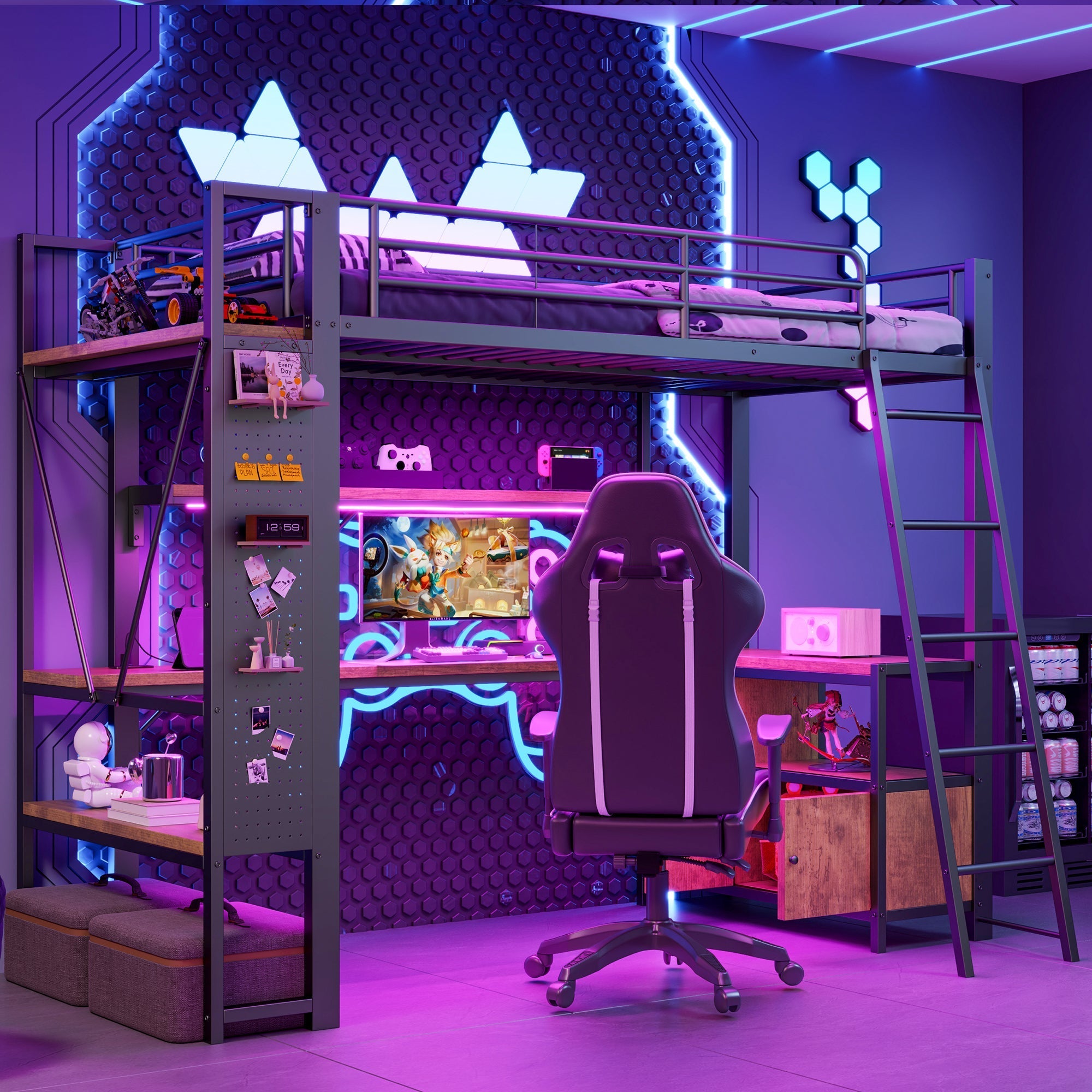 Loft Bed 90x200cm Iron Frame with Desk LED Light Storage Pegboard USB Black