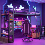 Loft Bed 90x200cm Iron Frame with Desk LED Light Storage Pegboard USB Black